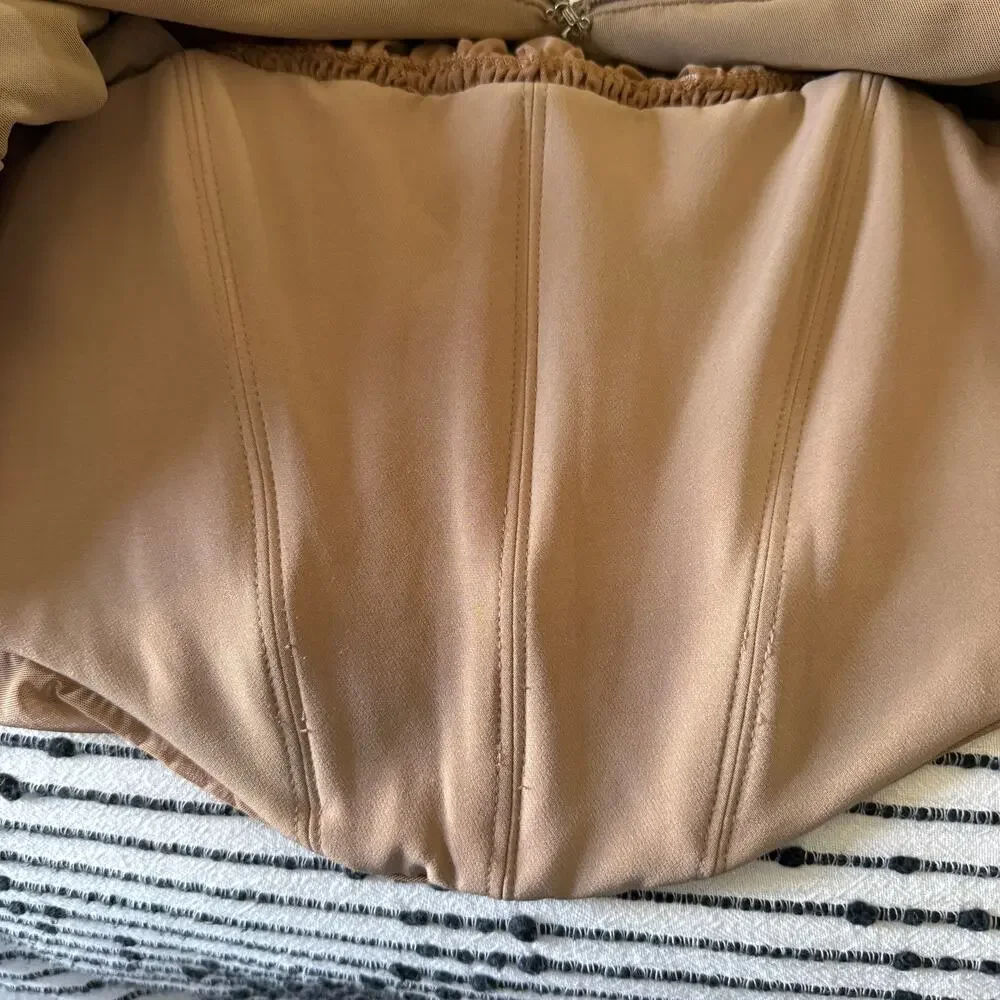 HOUSE OF CB | Norah Light Brown Ruched Puff Sleeve Mesh Corset Top | Medium